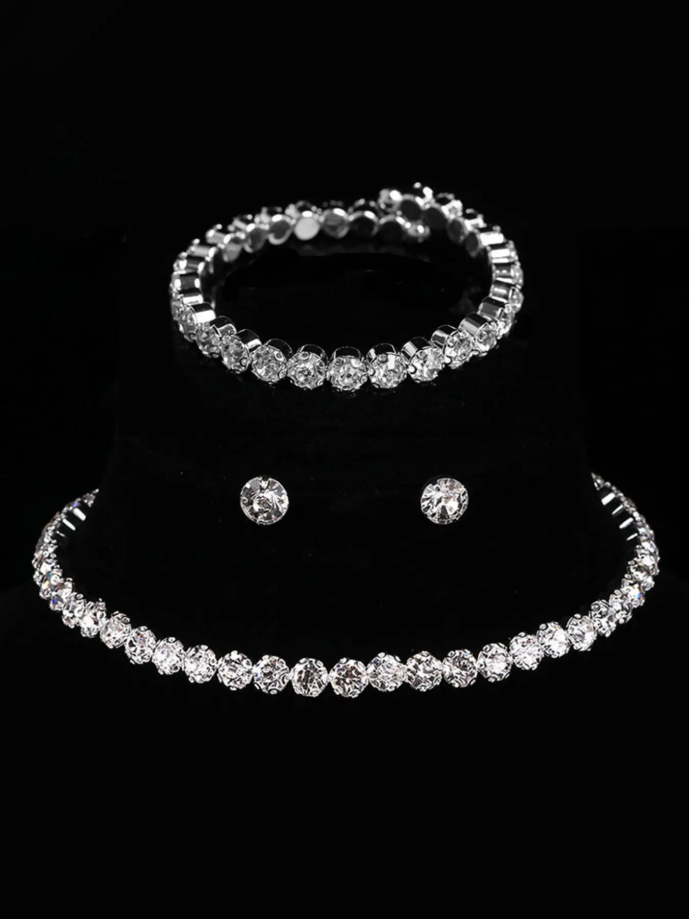 Sparkling Artificial Zircon Jewelry Set, 4-Piece Necklace, Earrings & Bracelet for Wedding, Bridal & Prom