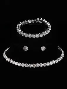 Four-piece Round Rhinestone Bracelet, Earrings & Necklace Set, Gentle Elegant Style, Firmly Inlaid Rhinestones/Adjustable Chain Length, Perfect for Holiday Gifts/Daily Outfits, Suitable for Young Girls Pursuing Elegant Temperament, Zirconia Jewelry Set