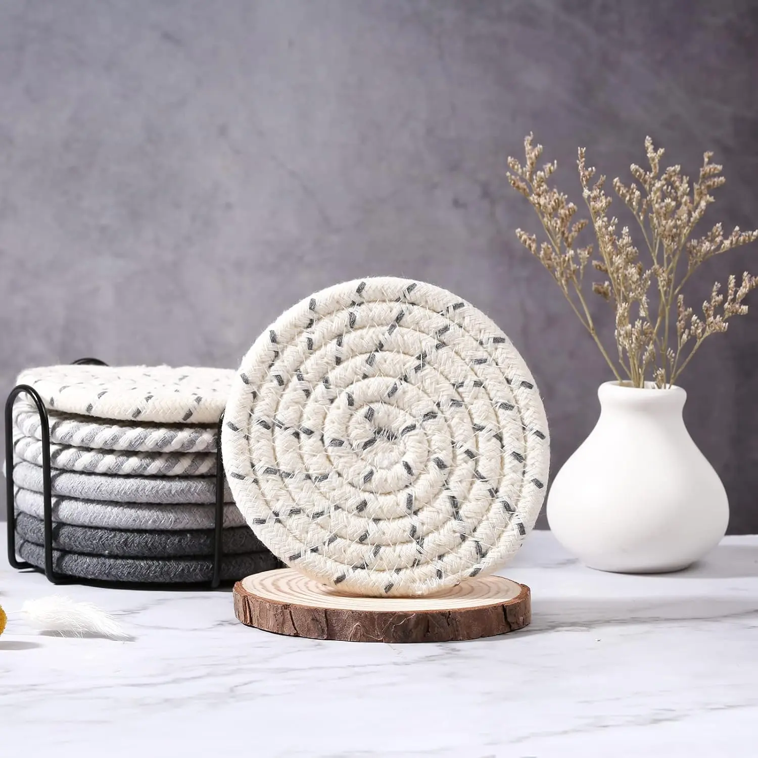 8 Pcs Drink Coasters with Holder, 4 Colors Absorbent Coasters 8 Pcs Drink Coasters with Holder, 4 Colors Absorbent Coasters
