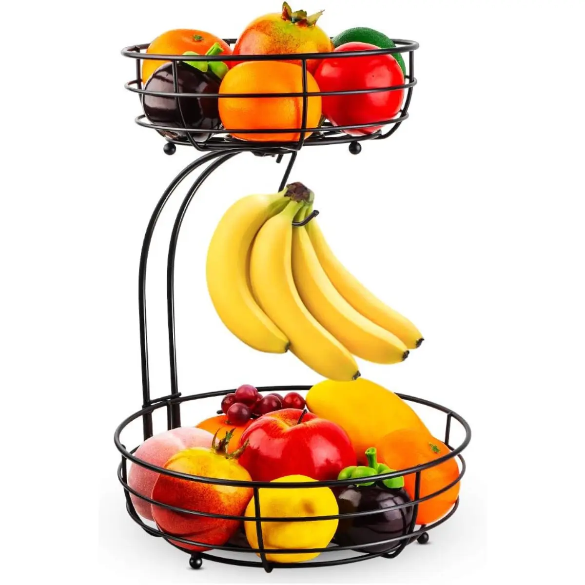 [New Deal] Iron 2-Tier Countertop Fruit Vegetables Basket Bowl Storage With Banana Hanger, Black, 64 ounces Room Organizers Organiser, Fruit Storage
