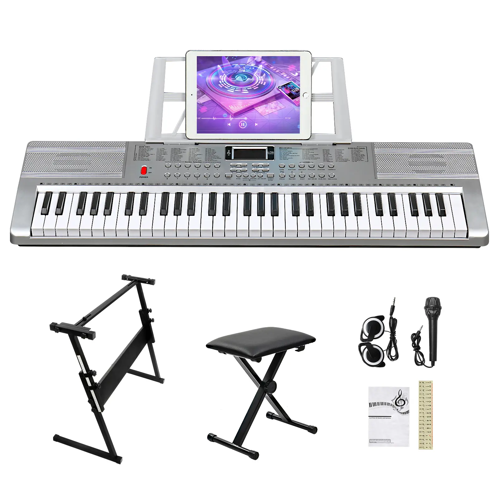 61-Key Lighting Piano Keyboard Kit for Beginners & Adults, 110 Tones, 200 Rhythms, 60 Demo Songs, Built-In Speakers, LED Display, Stand, Bench, Headphone, Microphone, Music Rest, Sheet Note Sticker, 3 Teaching Modes, Dual Power, Portable Controller
