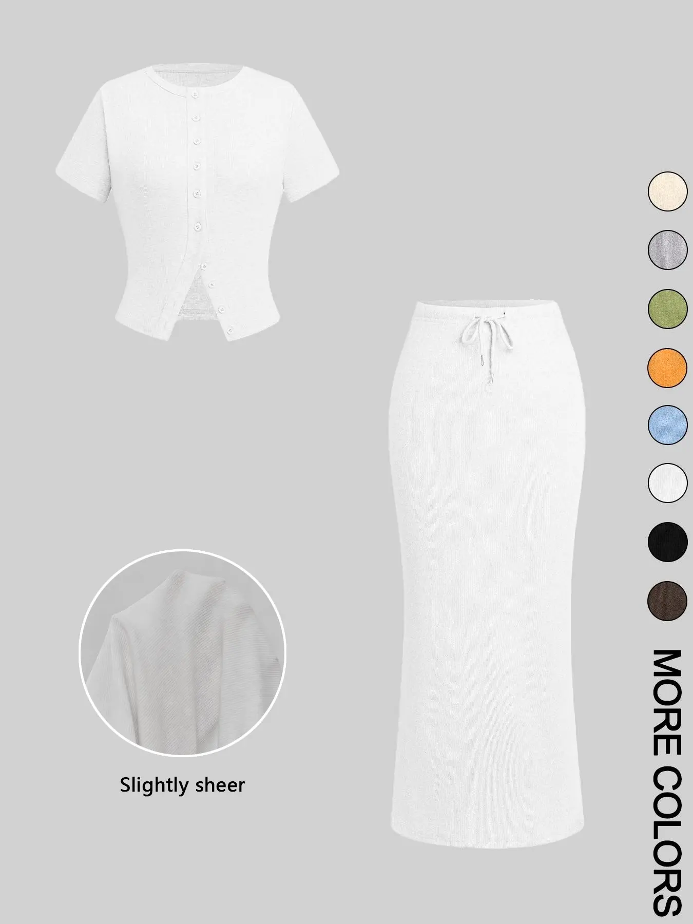 Women's Solid Round Neck Button Front Tee & Drawstring Split Hem Skirt Two-piece Set, Casual Basic Short Sleeve Top & Skirt for Everyday Wear, Ladies Two-piece Outfits for All Seasons, Matching Clothing Set Women, Casual Chic Set
