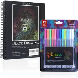 Hardcover Black Paper Sketchbook & 12 Pack Ball Point Gel Pens Set - 2 White & 10 Colorful Pens for Drawing, Sketching, & Journaling. 9" x 12" Spiral Bound, Acid Free Black Art Paper