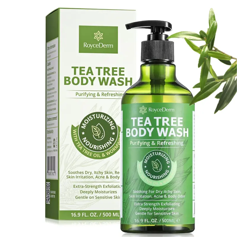 RoyceDerm Tea Tree Oil Body Wash Cleanser - Plant-Based Antibacterial, Nourishing, Soothing Shower Gel with Wormwood Extract for Adults' Eczema Relief & Sensitive Area Daily Body Care Products