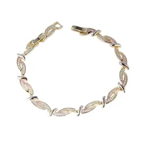 14K Gold Plated Tri-Color Marquise Link Bracelet Full Diamond Accent Luxury Style 7” with Extension to 7.5”