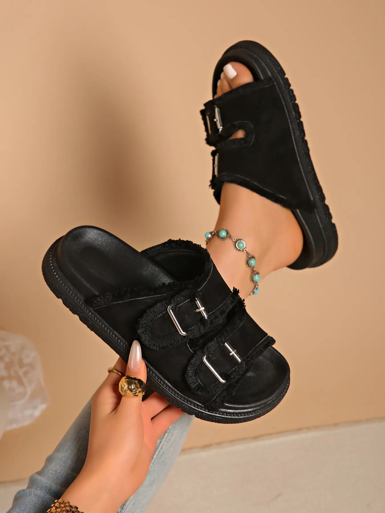 Women's Double Buckle Slide Sandals, Open Toe Flat Slides, Slip On Comfort Sandals, Casual Summer Beach Vacation Shoes Rubber, Beach Slides Footwear