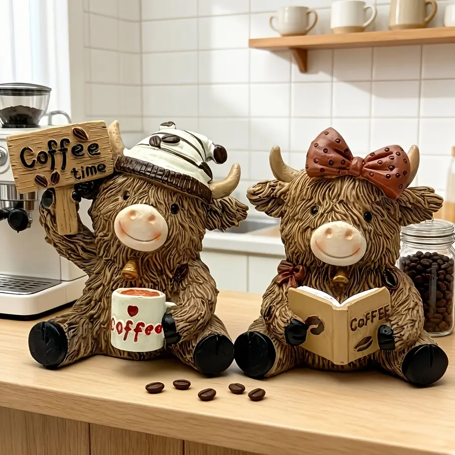 Whimsical Look Cow Shape Resin Decorative Figure - Coffee-Themed Highland Cow & Gnome, Christmas Tree Ornament, Home Coffee Bar Decor, Holiday Gift, Style A