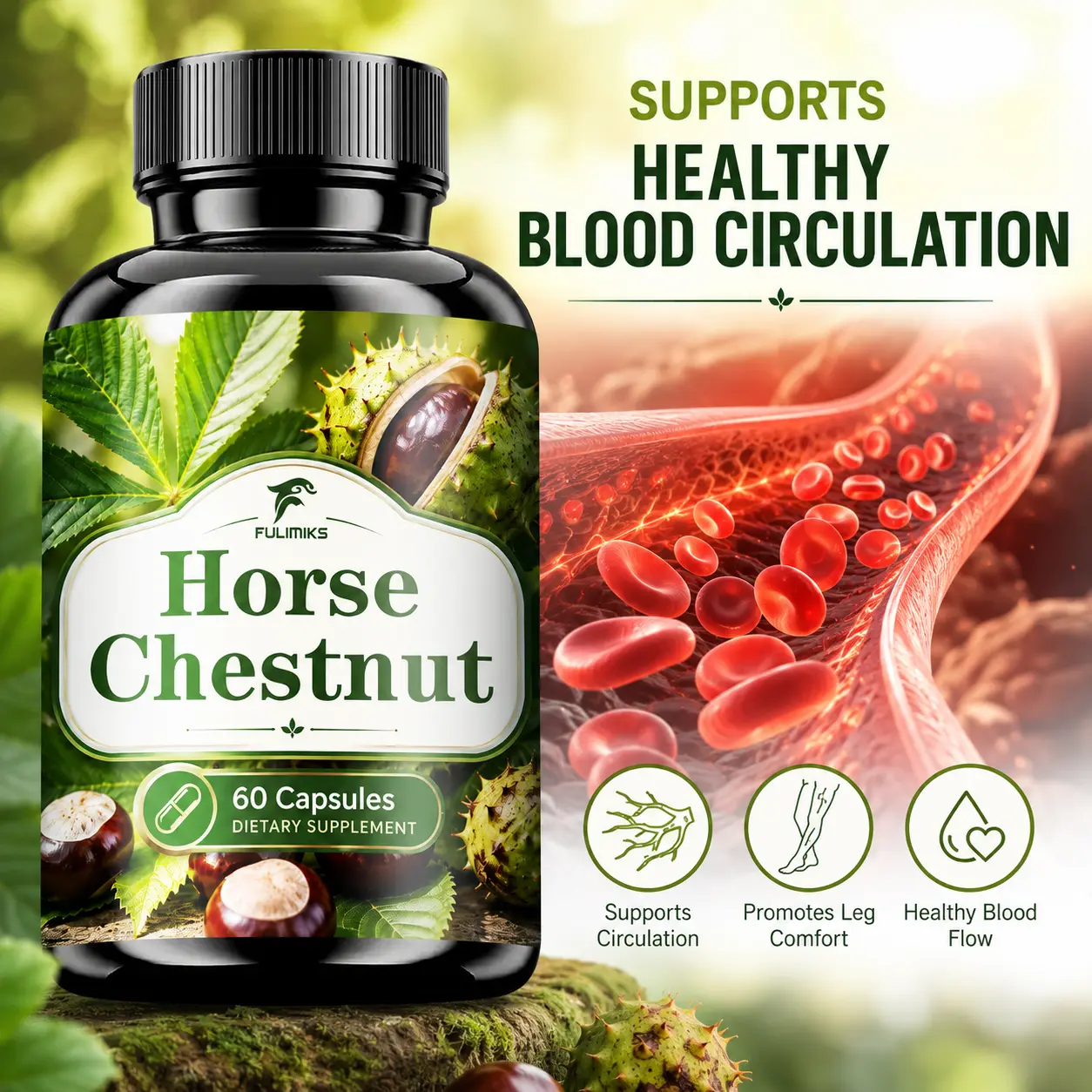 FULIMIKS Horse Chestnut Supplement Capsules, Herbal Extract Blend with Rutin Powder, Ginger Root, Calendula Extract, Dandelion Root, Supports Blood Flow, Leg Relief, Easy to Swallow, High Absorption Superior Formula