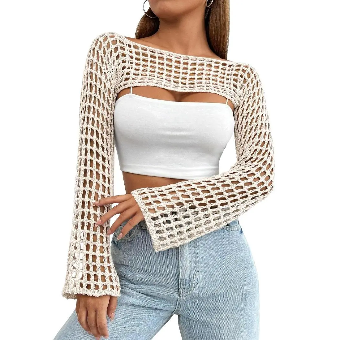 Crochet Beach Bikini Cover Up Tops Y2K Hollow Out Bolero Shrug See Through Cropped Knit Sweater Top