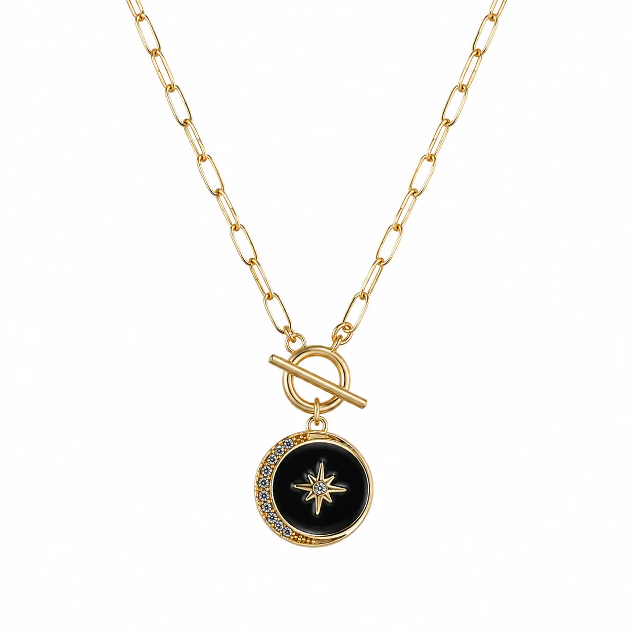 Midnight Compass Pendant Necklace, Black Enamel Compass-Inspired Pendant, Gold-Tone Nautical Medallion Necklace, Adjustable Chain for a Customizable Fit, Gold-Tone Medallion Necklaces, Nautical Medallion Necklaces