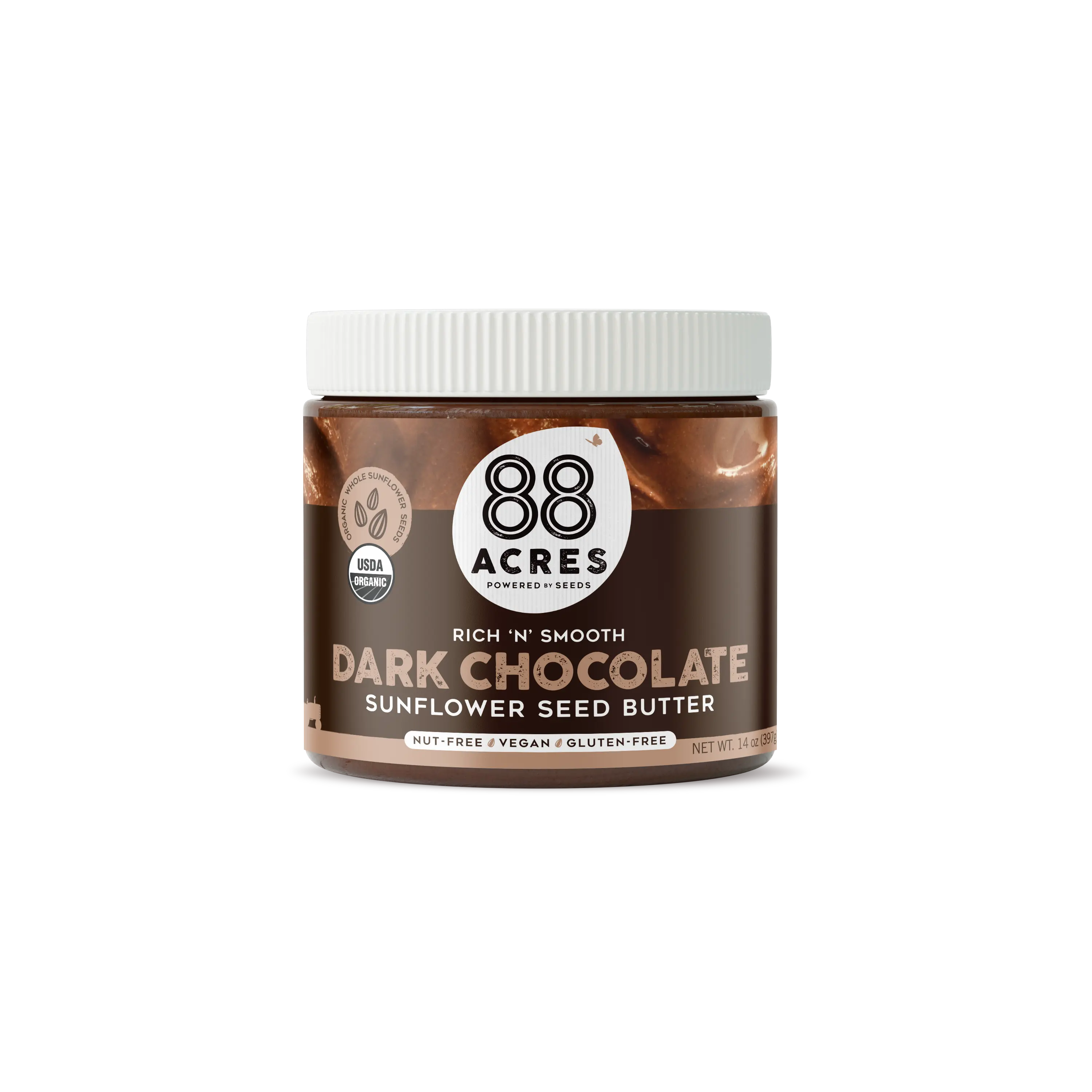88 Acres Dark Chocolate Sunflower Seed Butter – 14 oz Jar, Smooth Spread Made with Roasted Sunflower Seeds, Organic Chocolate & Sea Salt, Allergen-Free, Plant-Based, Healthier Alternative to Chocolate Hazelnut Spread