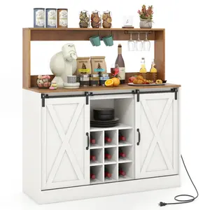 COSTWAY Farmhouse Buffet Cabinet with Hutch, Outlet, 9 Bottle Wine Rack, Glass Holder, Hooks, Sliding Barn Door, Adjustable Shelf, Sideboard for Coffee Bar Kitchen Living Room Black/White & Walnut