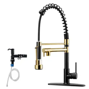 Commercial kitchen faucet with drop-down spray head, matte black and gold color scheme, soap dispenser and four-hole mounting plate, single handle, suitable for kitchen sinks.