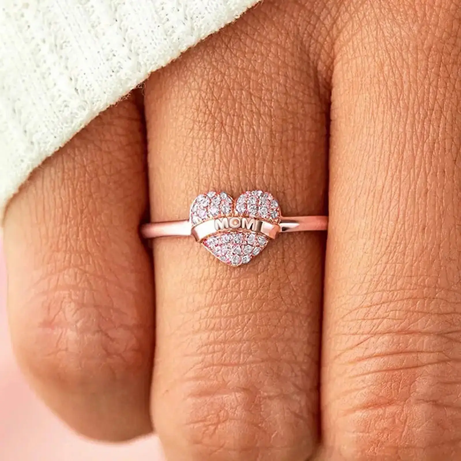 Zircon Ring Heart Shape Engraved Mom's Ring, Available in Multiple Sizes, Daily Wear Mother's Day Gift