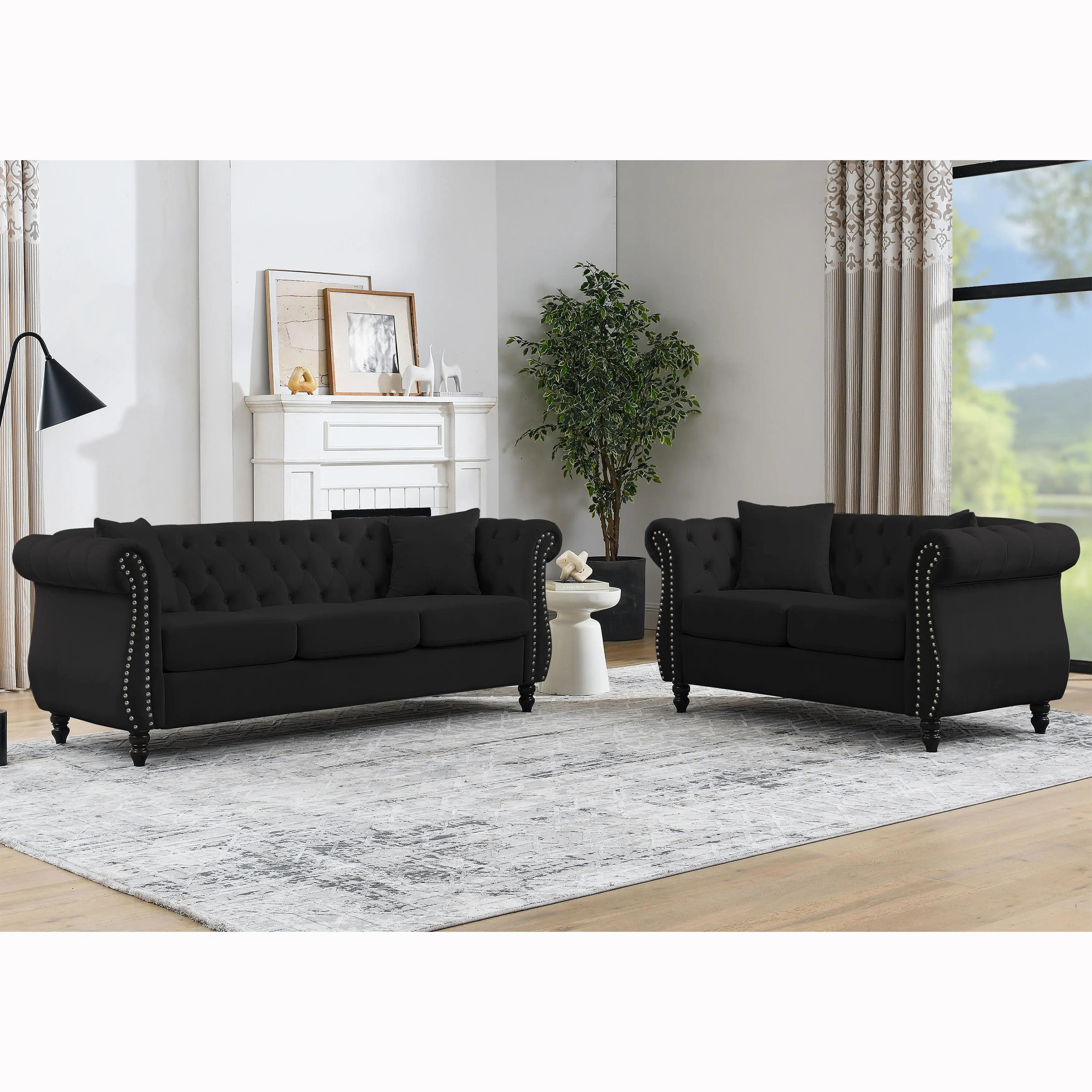 80 Inch Chesterfield Sofa Black Velvet 3 Seater Tufted Couch with Rolled Arms Nailhead Trim Solid Wood Frame Foam Cushions for Living Room Bedroom Office Apartment, Black Color Options, Velvet Material, Product Dimensions: Not Applicable W x