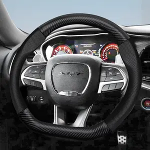 For Dodge Steering Wheel Cover Frosted Carbon Fiber Textured Leather Combined with Perforated Breathable PU Leather Interior Fits Charger/Durango/Hornet/Attitude/Journey Black Burgundy Mocha Orange Automotive