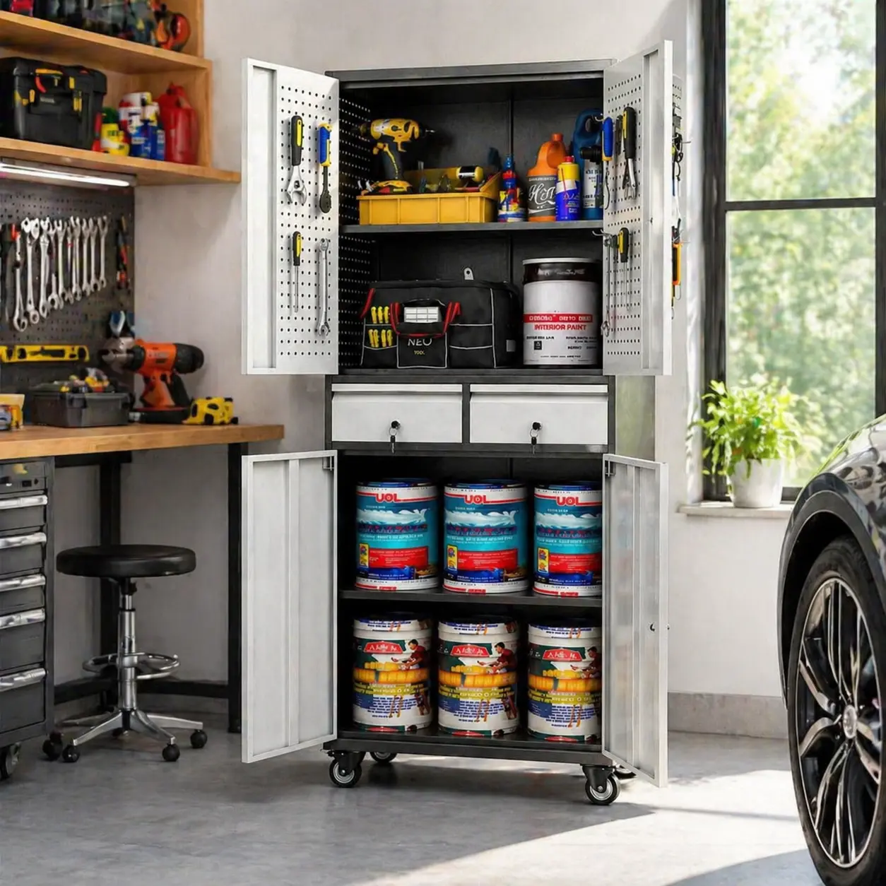Aobabo Lockable Rolling Metal Tool Storage Cabinet - Heavy Duty Freestanding Portable Cabinet Lock Dual Drawer Compartments Cupboard, Garage/Workshop/Home Organizer with Wheels (Assembly Required) - Mother’s Day Gift, Freestanding Portable Cabinets