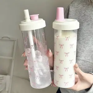 2pcs Milk Cups with Straws, 500/850ML, Lids Included, Sweet Coffee Foam, Milk Tea, Outdoor School Plastic Glass Water Bottles, Reusable Water Bottle