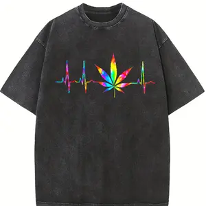 Unisex Streetwear T-Shirt in Soft Cotton with a Tie Dye Cannabis Heartbeat Graphic, Oversized Casual Fit with Round Neck and Short Sleeves