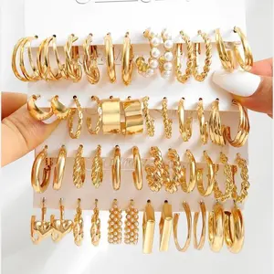 【24 Pairs / 48 Pcs】 Golden Color Hoop Earrings Set Golden Plated Lightweight Hypoallergenic Stack Thick Open Twisted Huggie Hoops for Women Trendy Jewelry Gift