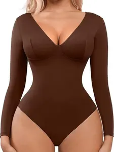 FeelinGirl Long Sleeve Bodysuits for Women V Neck Body suits Tummy Control Shapewear Going Out Tops Fabric Spandex Womenswear