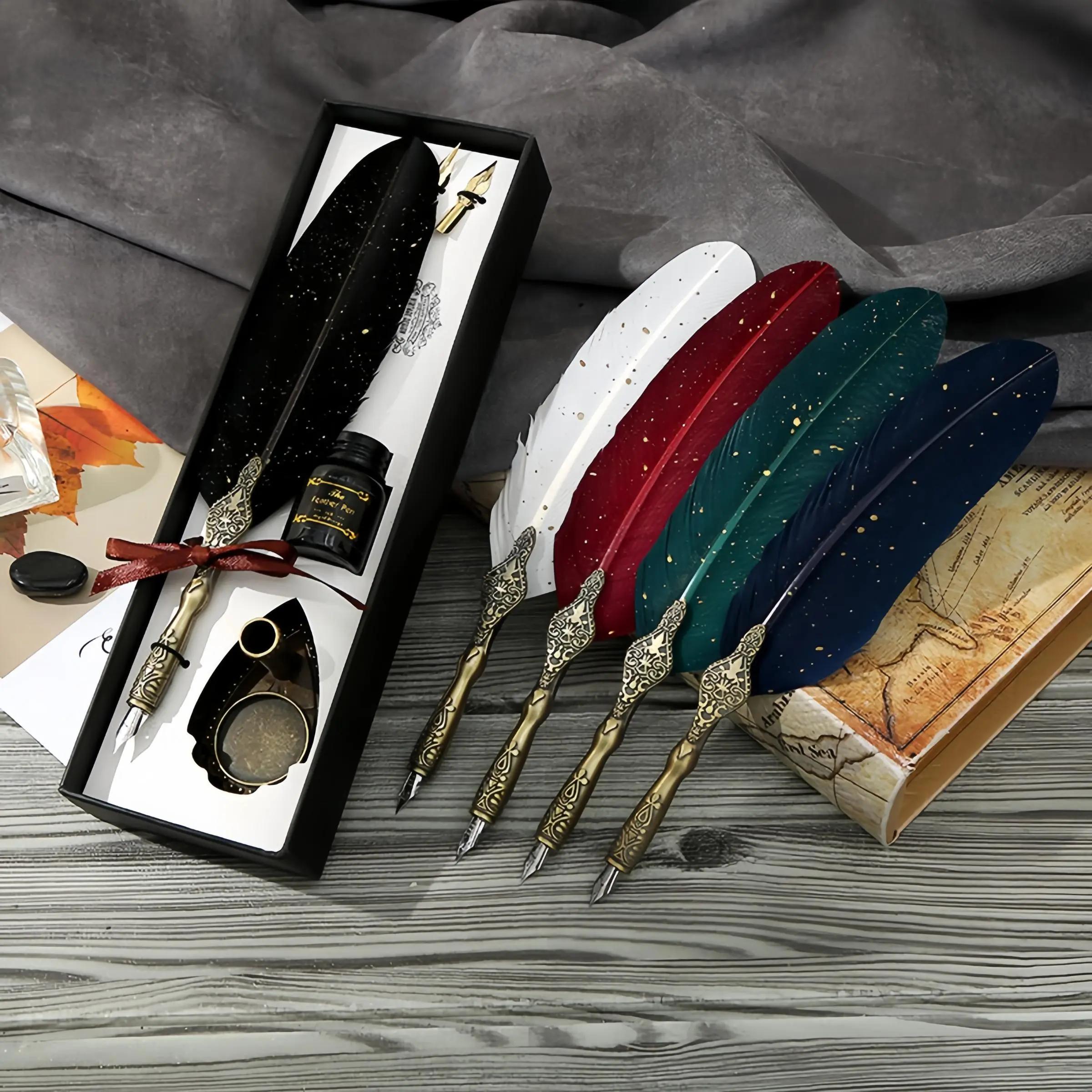 Luxury Feather Quill and Ink Set for Calligraphy, Retro Dip Pen, Boutique Pen, Writing Pen, Unique Pens with 2 Nibs and Stand, Elegant Stationery Gift for Writers and Artists