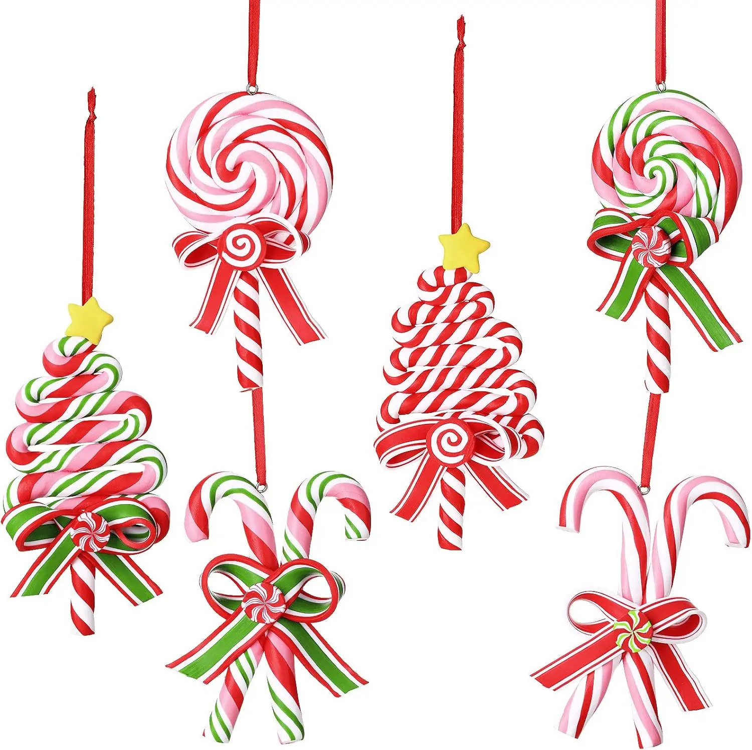 Blulu 6-Piece Christmas Candy Cane Ornaments Tree Lollipop Hanging Decorations 4.7x2.4 in Polymer Clay Red & White Peppermint Fake Candy Pendant Crafts for Xmas Wreath Party Supplies