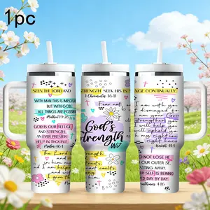 1pc,40oz/1100ml,Inspirational Quotes Double Wall Insulated Stainless Steel Drinkware Tumbler With Lid And Handle,Coffee Mug Inspirational Faith Mug,Ideal For Easter And Religious Gifts,Colorful Designs With Uplifting Bible Verses,Holiday Party Gifts