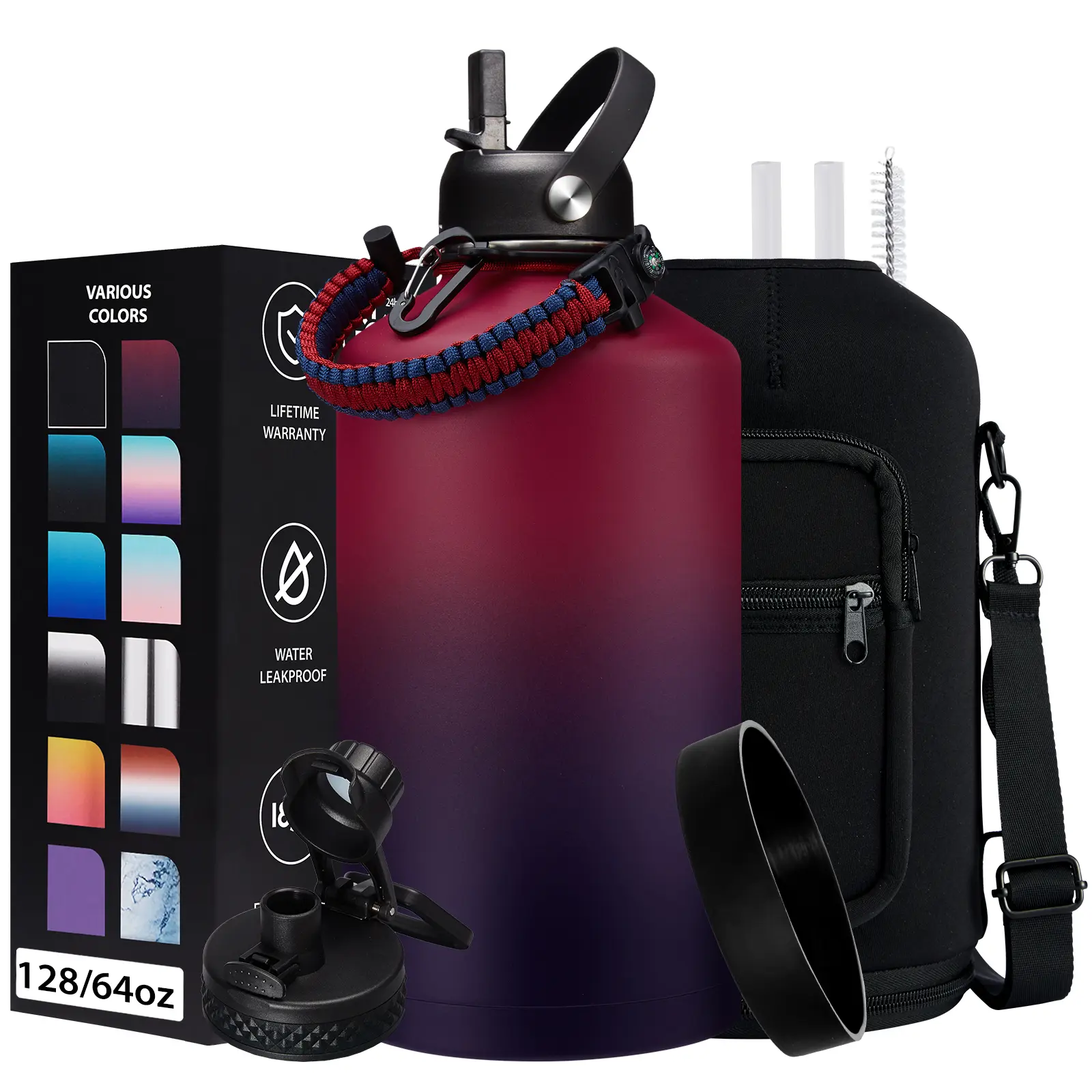 128 oz Insulated Water Bottle - 32/40/64/87oz Stainless Steel Water Bottles with Straw & Spout Lids, Paracord Handle, Carrier Bag with Strap, Protective Cup Mat, Metal Gallon Water Flask Keep Cold-48H & Hot-12H tiktokshopbacktoschool