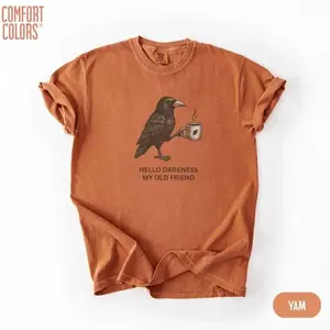 Comfort Colors Raven Crow Hello Darkness Tshirt For Halloween Fans, Crow And Coffee Cup Graphic T-shirt With Vintage Style, Apparel Made In The USA		