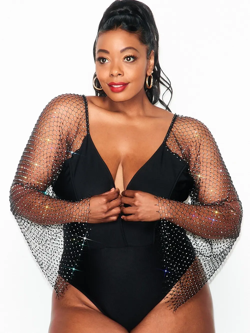 Women's Plus Size Rhinestone Bodysuit - Black, Pink, Sparkling, Stretchy, Sheer Mesh, Classy Style, Fitted Long Sleeves Tops, Lady