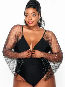 PLUS SIZE RHINESTONE BODYSUIT Black classy Sparkling Stretchy Sheer