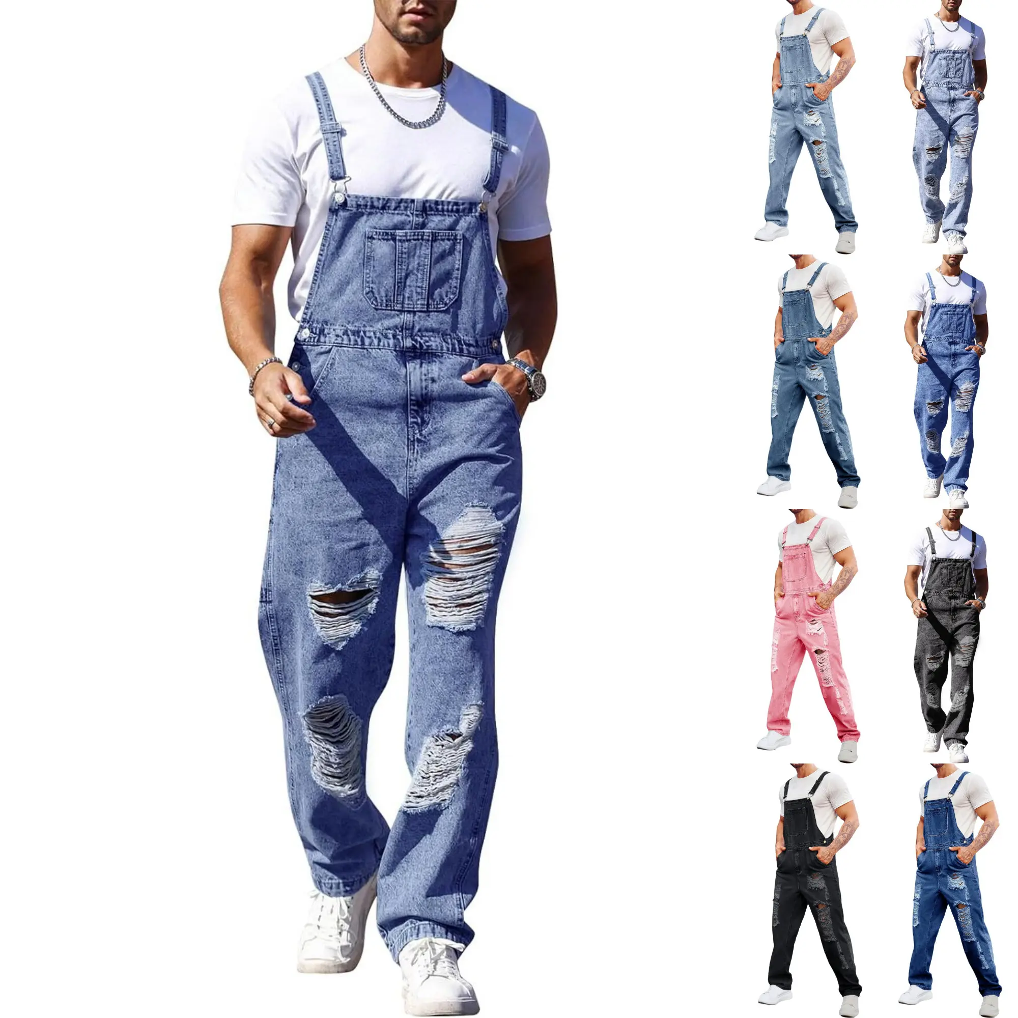 PASLTER Men's Denim Bib Overall Ripped Distressed Jean Casual Fashion Workwear Adjustable Strap Hip Hop Jumpsuit