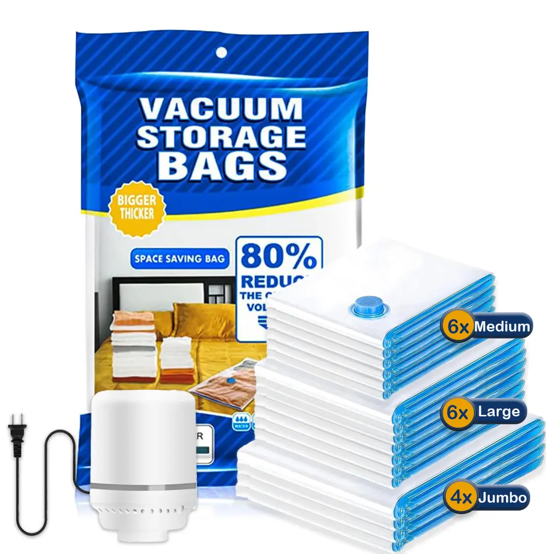 Vacuum Bag with Electric pump, Multi Size Vaccum Clothes Storage Bag & 1 Pump, Compression for Comforters and Blankets, Sealer Clothes Storage, Beddi