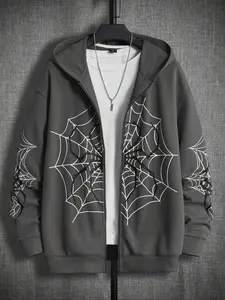 Spider Web Graphic Zip Hoodie, Gothic Street Style, Dark Aesthetic, Fitted Casual Sweatshirt, Fall & Winter Fashion, Hooded Sweatshirts