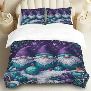 3PCS Duvet Cover Set, 1 Duvet+2 Pillowcases(Without filler), Gnome Snowflakes Gifts Purple Christmas theme, Christmas bedding set, festive winter decoration Suitable for decoration bedroom living room guest room hotel.