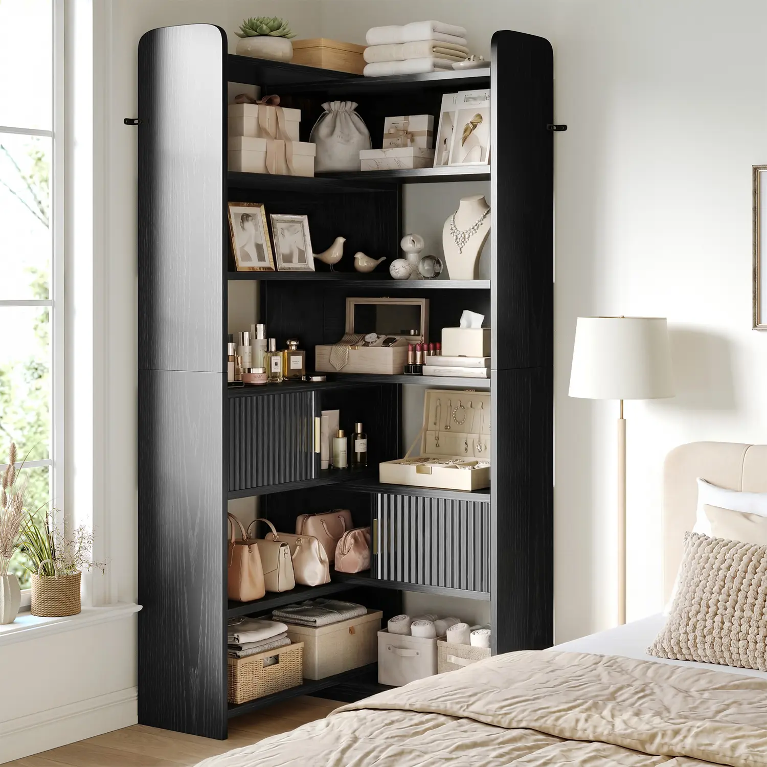 Raybee 75“ Tall 7-Tier Corner Bookshelf, 38” 4-Tier L-Shape Bookcase with 2 Fluted-Door Cabinets, Modern Shape-Adjustable Wooden Book Shelves for Home Office, Living Room, Kitchen, Black #TikTokShopBackToSchool