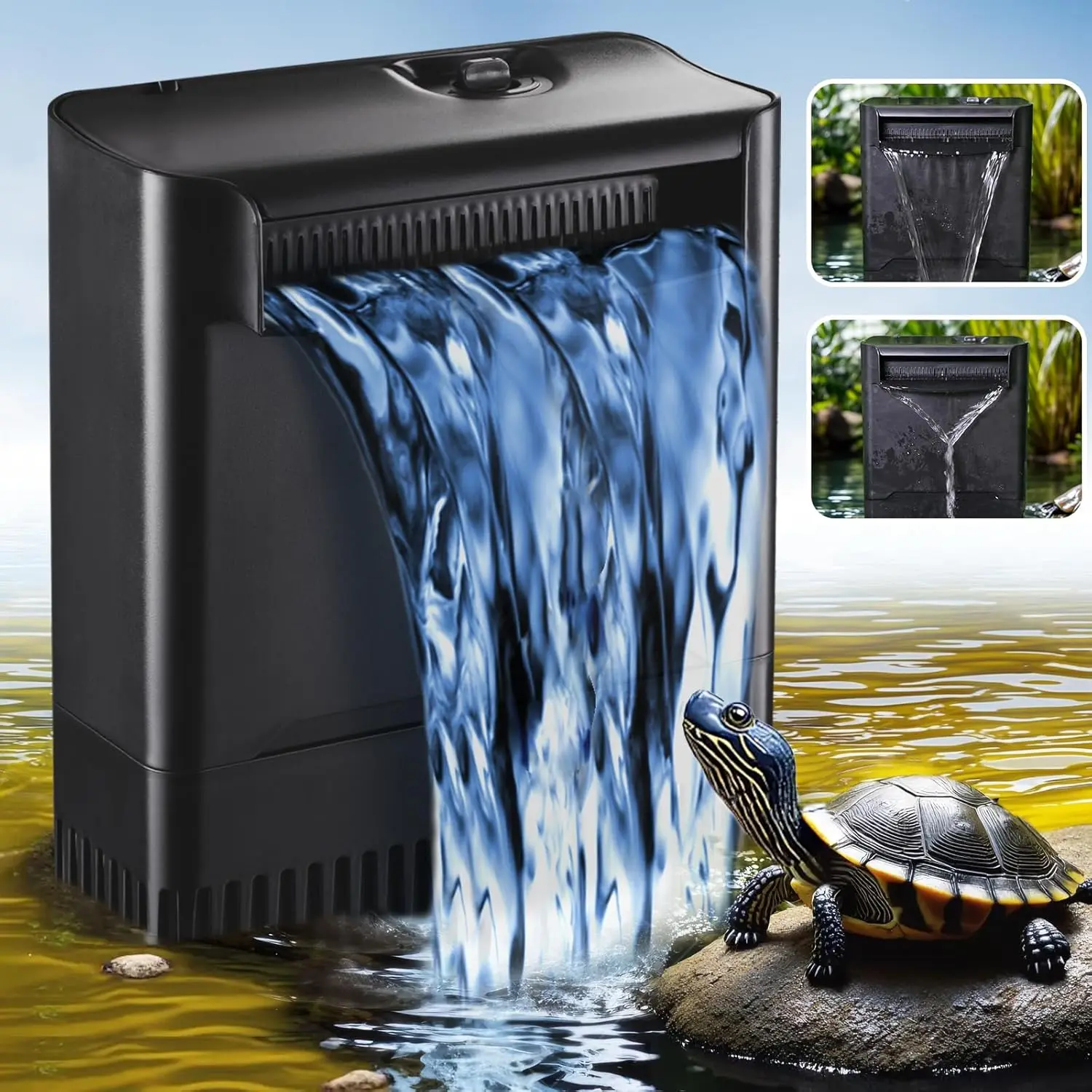 Rectangle Internal Turtle & Fish Tank Filter, 10-75 Gal Aquarium Filter with 290GPH 3-Stage Waterfall Bio-Filtration, Adjustable Flow Control, Low Water Level Design for Freshwater & Saltwater Tanks