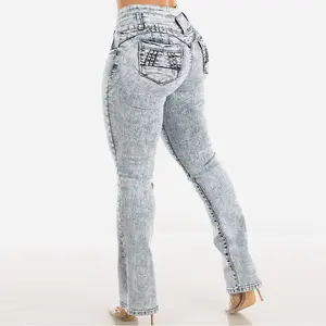 Womenswear Mid Rise Acid Wash Push Up Bootcut Jeans – Levantacola Tummy Control Stretch Denim – MX JEANS by ModaXpress