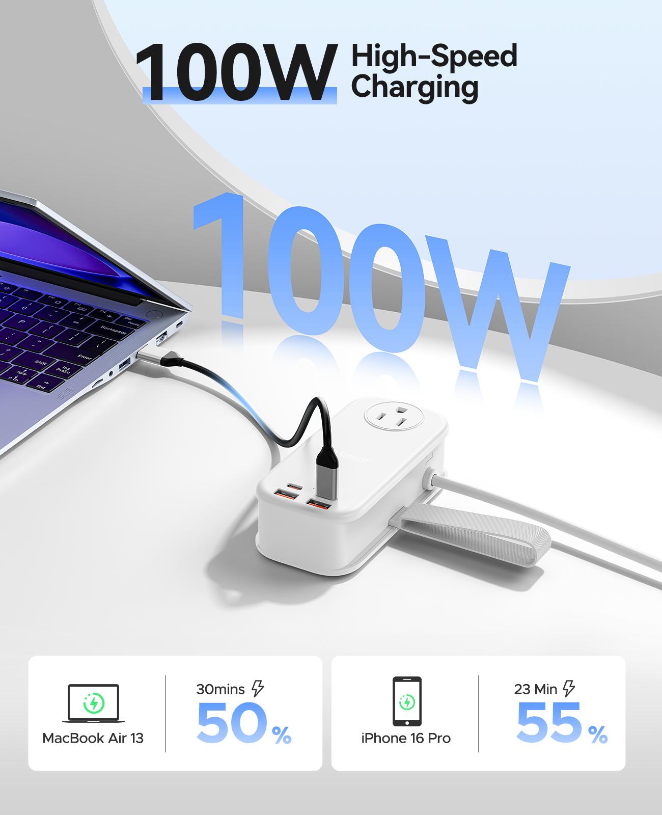 ORICO travel power strip features two USB ports, two side ports, and two Type-C ports, supporting 100W fast charging. Suitable for cruise ships, airplanes, and hotel stays-PP100