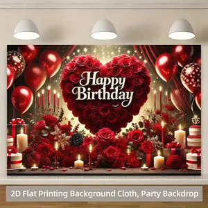 1PC,2D Flat Birthday Party Backdrop, Red Rose Heart - themed Background Cloth, Romantic Birthday Decoration Photo Backdrop, Birthday Decoration Background Curtain, Birthday Photography Background Clot