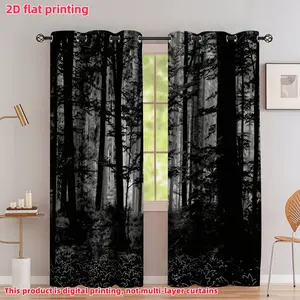 2D Flat 2Pcs Black Forest Print Window Curtains with Grommets, Semi-Sheer Drapes for Living Room, Bedroom, Dining, Modern Home Decor, Privacy Protection Treatment