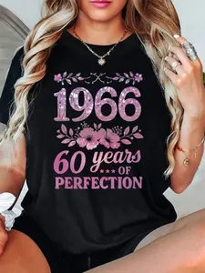 Women'S 1966 60th Birthday Theme T-Shirt| Glitter Flower & Slogan Decor, Casual Short Sleeve, Pink-Black Elegant Birthday Party Top