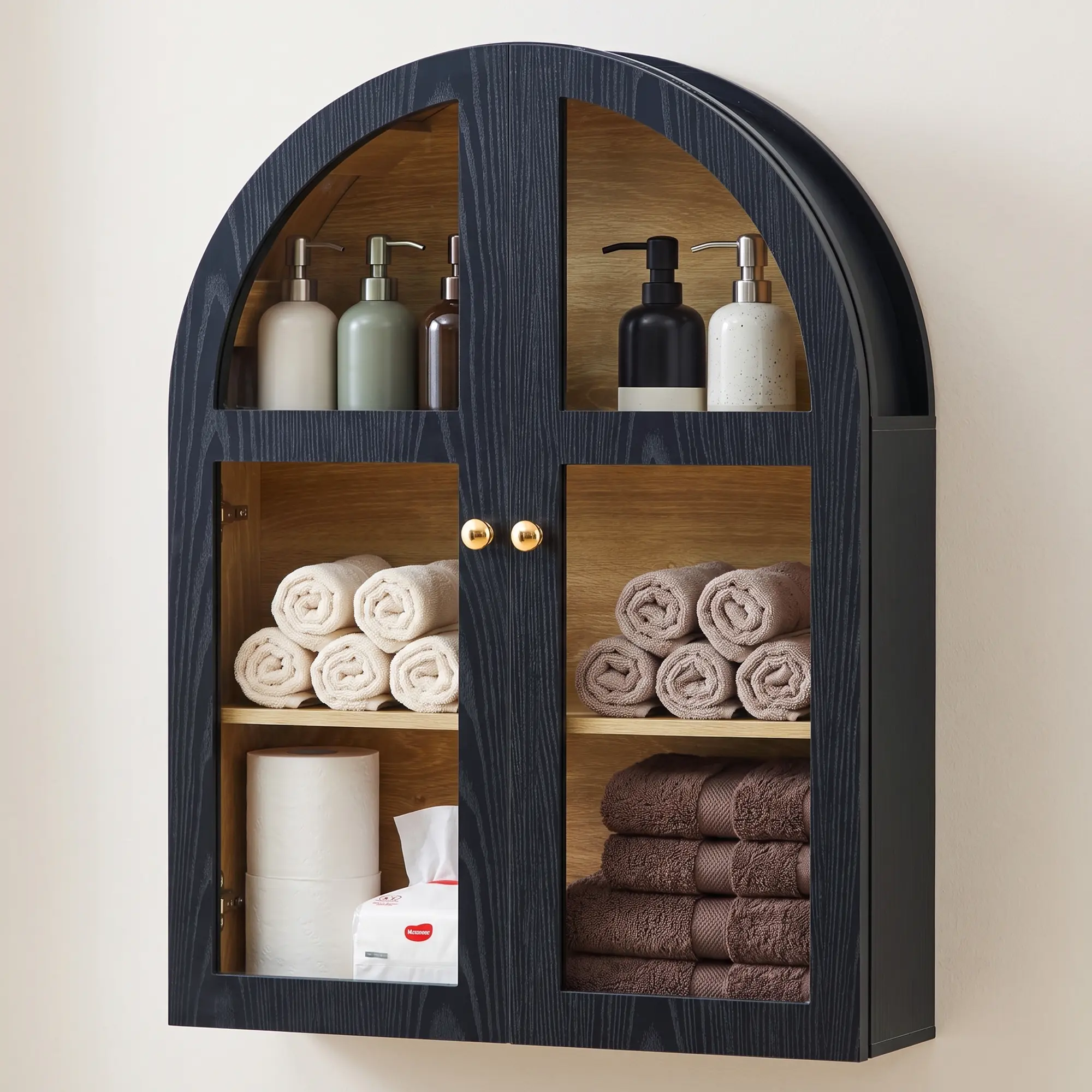 FurSch Wooden Bathroom Wall Cabinet, Vintage Arch Design with Mesh Doors,Glass Doors, 2 Shelves for Storage and Display, Ideal for Bathroom, Living Room, or Kitchen Organization