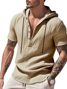 Men's Summer Linen Hooded Henley Shirt, Casual Loose Fit Beachwear, Breathable Short Sleeve Top, Trendy Fashion for Men, Menswear
