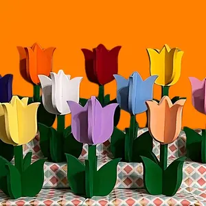 12PCS wooden tulip-shaped pieces, perfect for DIY crafts, Handicraft, 3D paintable floral decorations, light beige natural wood. Ideal for spring home decor, party projects, and creative crafts, floral decorations.