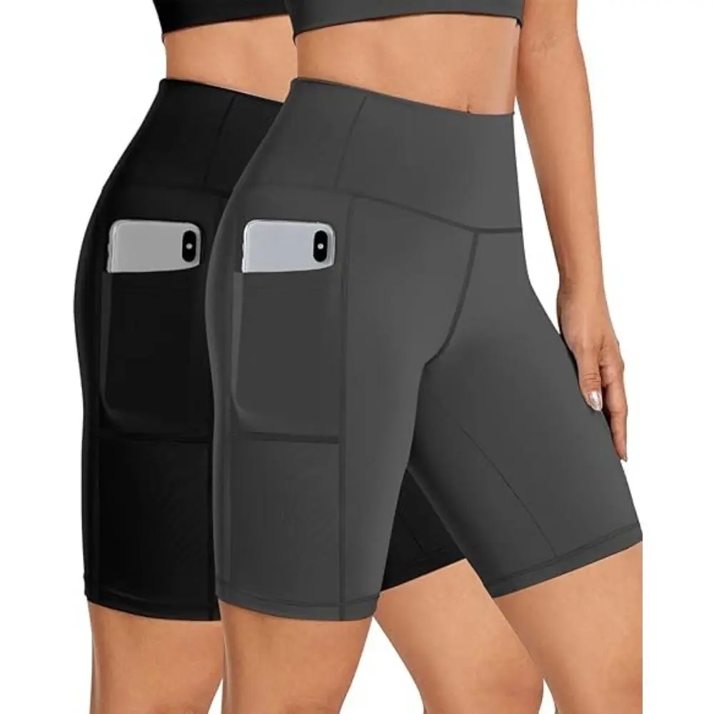 2 Pack High Waisted Biker Shorts Women Tummy Control with Pocket 8“ Yoga Running Workout Spandex Compression Shorts athletic