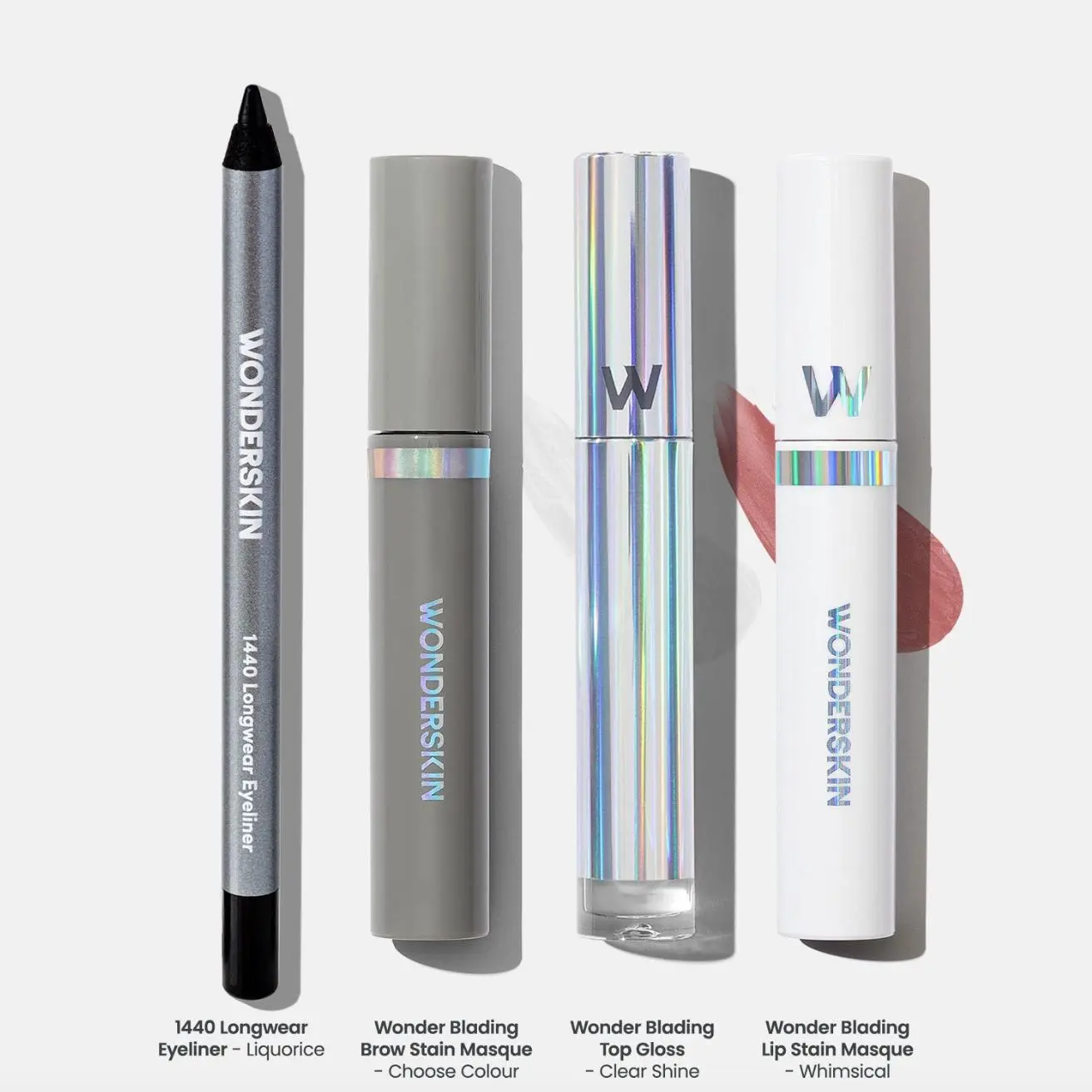 Wonderskin Essentials Set - Longwear Beauty Must-Haves - Lip Stain, Eyeliner, Brow Stain & Clear Gloss Kit Wonderskin Essentials Set - Longwear Beauty Must-Haves - Lip Stain, Eyeliner, Brow Stain & Clear Gloss Kit