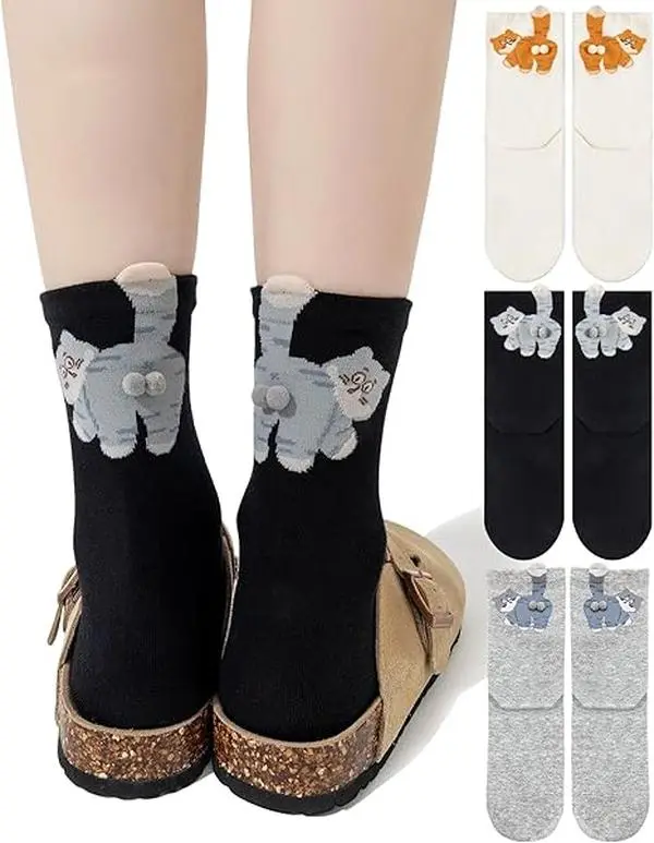 3 Pairs 3D Cat Socks with Balls Women's Novelty Funny Cotton Socks for Cat Lovers Breathable Comfortable Fit Fashionable Playful Style Ideal Gift Soft Comfy Hosiery Womenswear