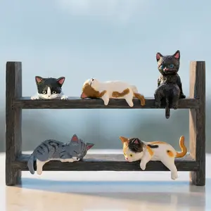 Mini Cat Desk Figurines Set of 5 - Resin Kitty Ornaments for Home Office Cubicle and Car Dashboard Decor